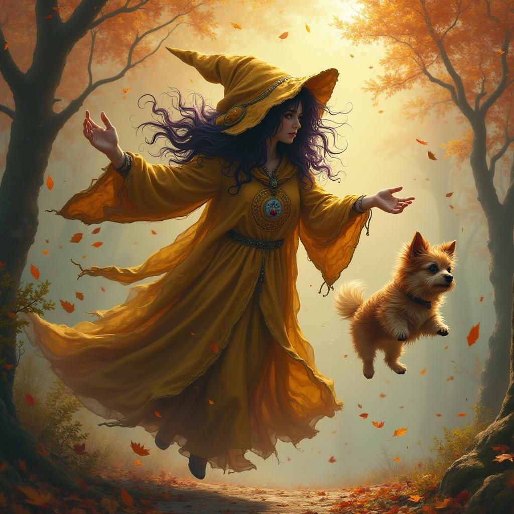 Autumn Witch Casting Spell in Pre-Raphaelite Style
