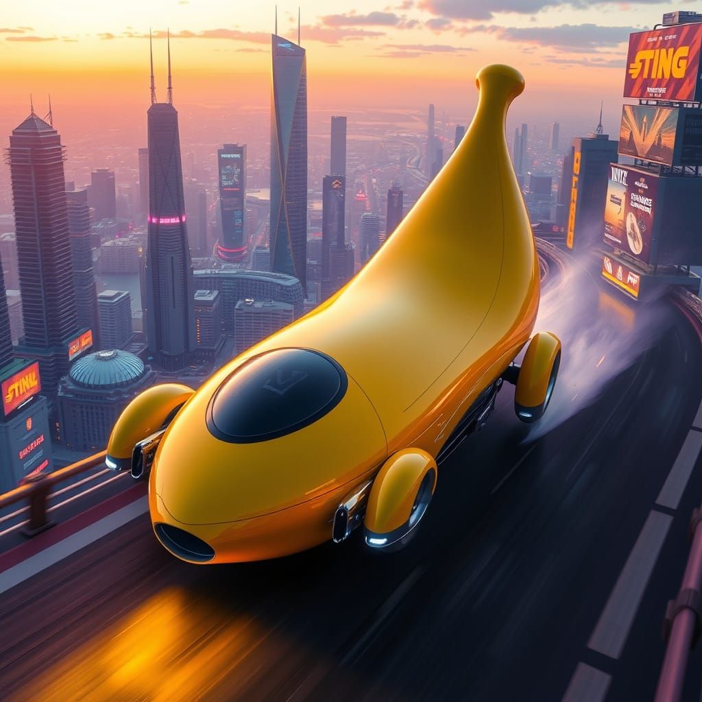 Futuristic Banana-Shaped Vehicle in Neon-Lit Cityscape