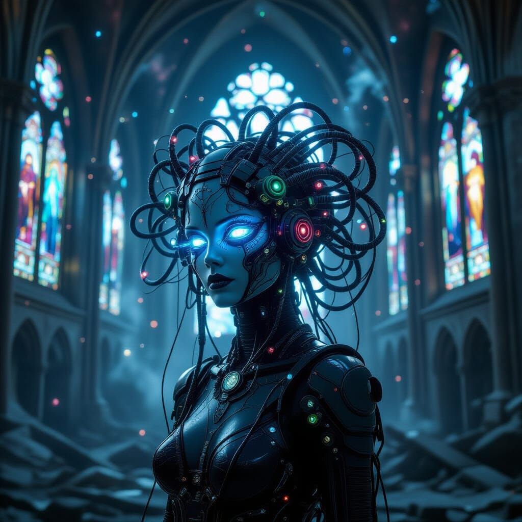 Biomechanical Medusa in Ruined Cathedral
