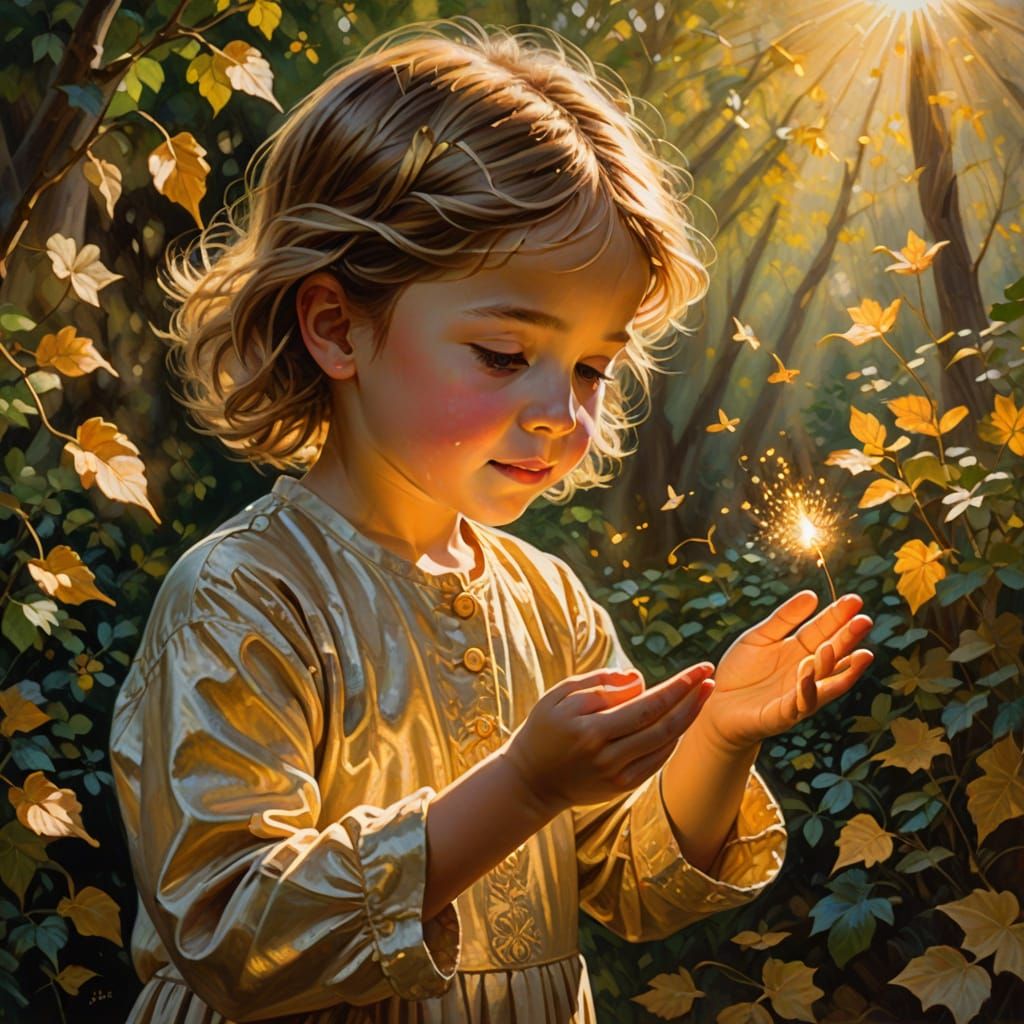 Child Making a Wish in Golden Hour Light, Impressionist Oil ...