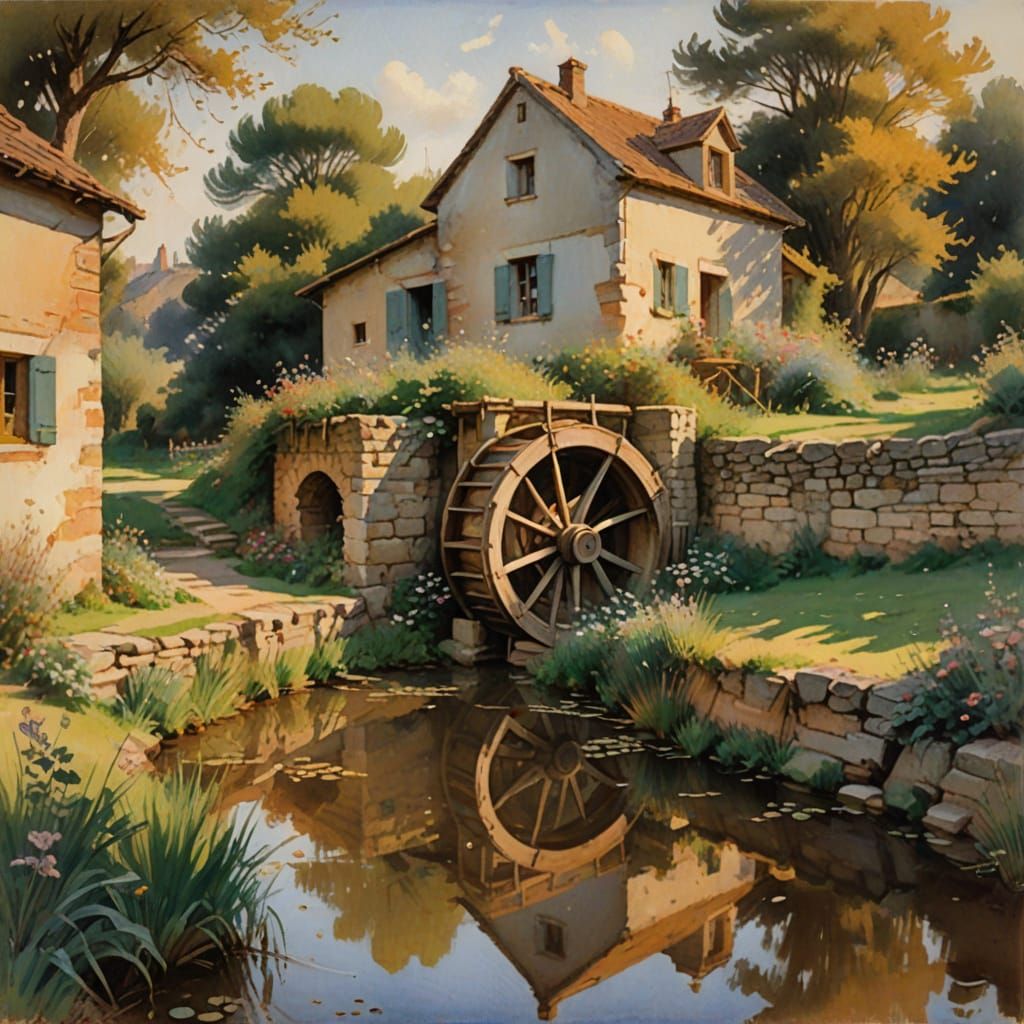 Surreal Watercolour Painting of a Rustic Waterwheel