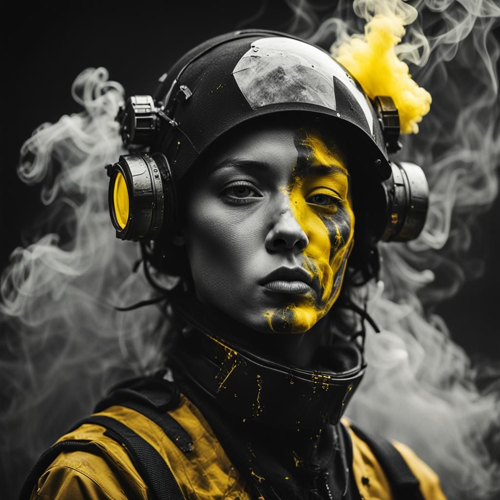 Futuristic Girl Portrait with Yellow Smoke, Sci-Fi Aesthetic