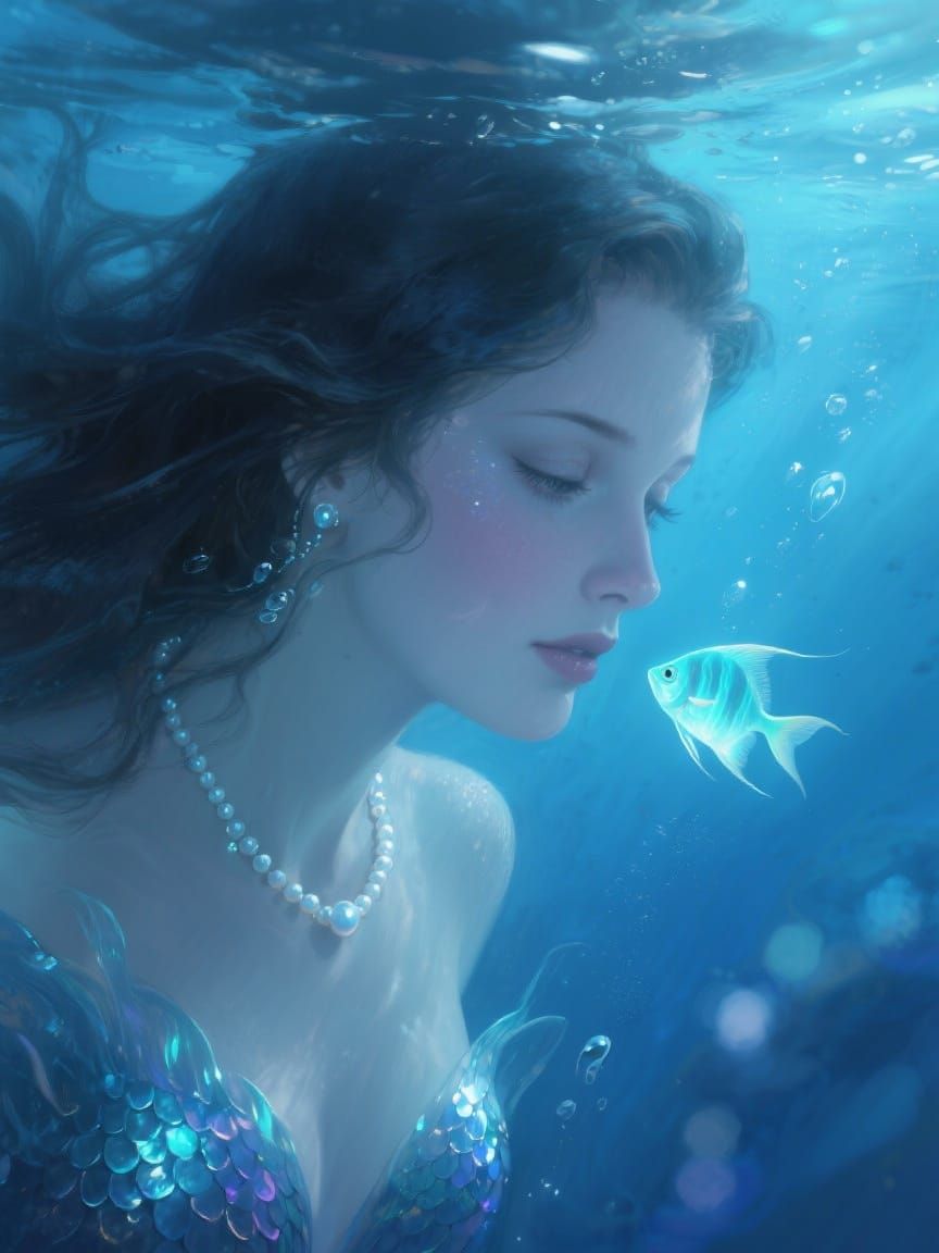 Mermaid Underwater Portrait with Bioluminescent Fish