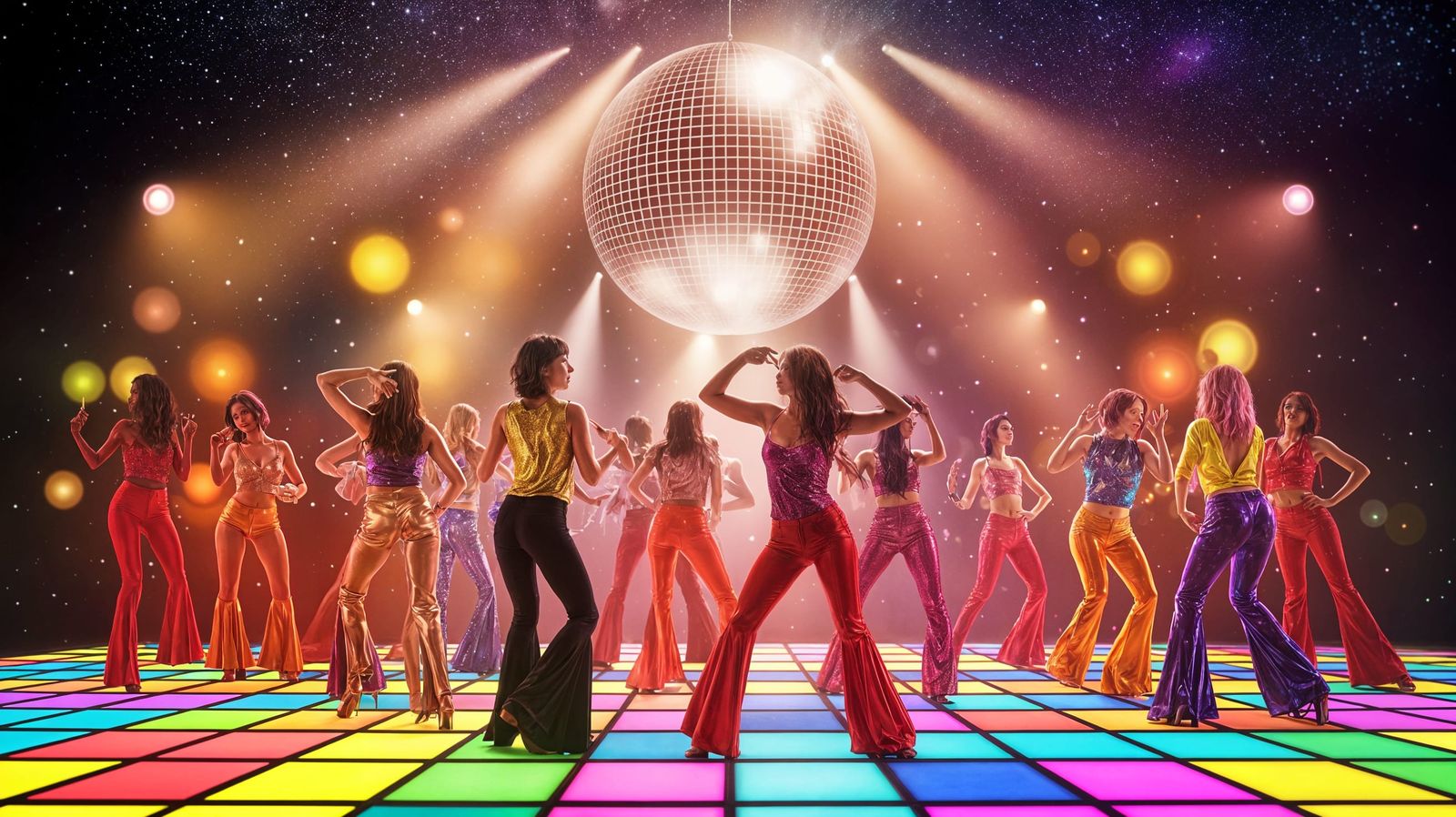 Vibrant Disco Scene with Glittering Mirror Ball and Retro Da...
