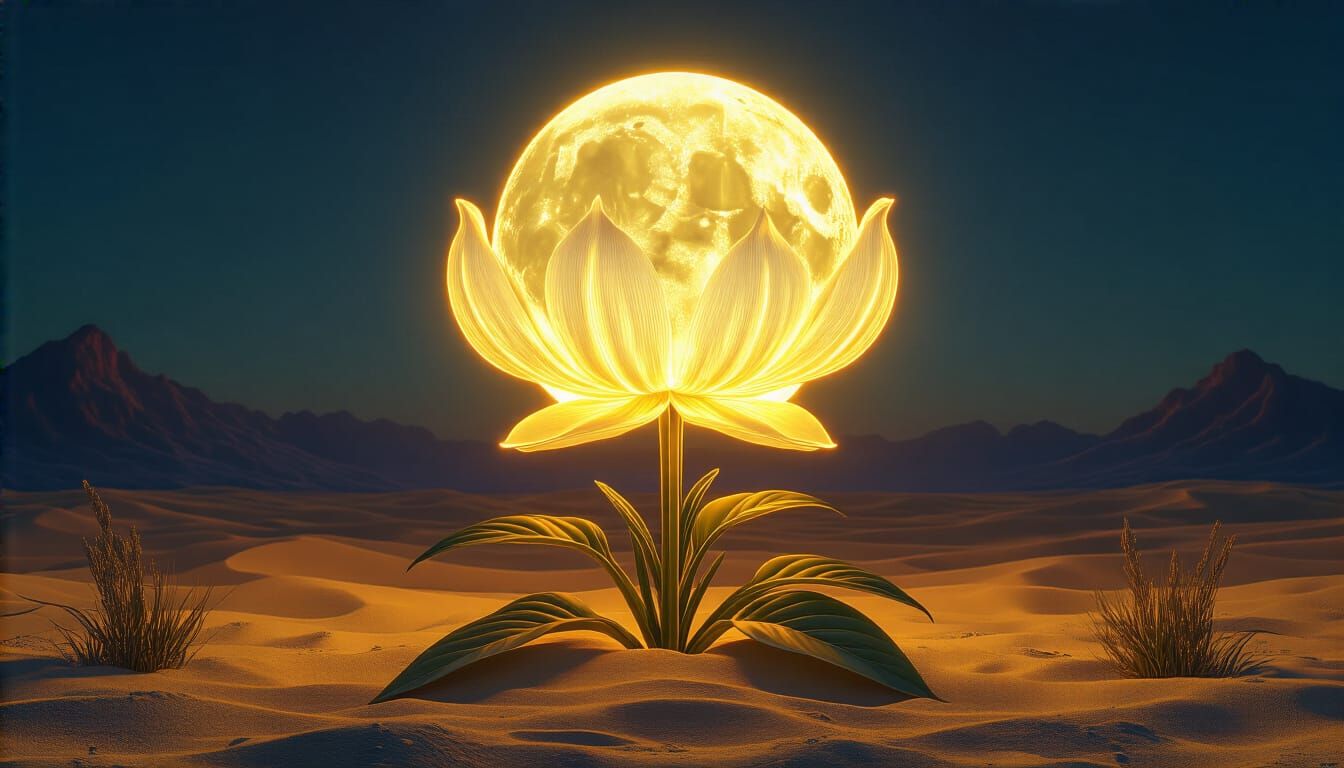 Hyperrealistic Moon Flower in Desert at Night