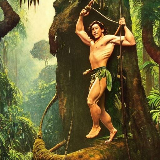 Tarzan Swings Through Jungle at Night in Oil Painting Style