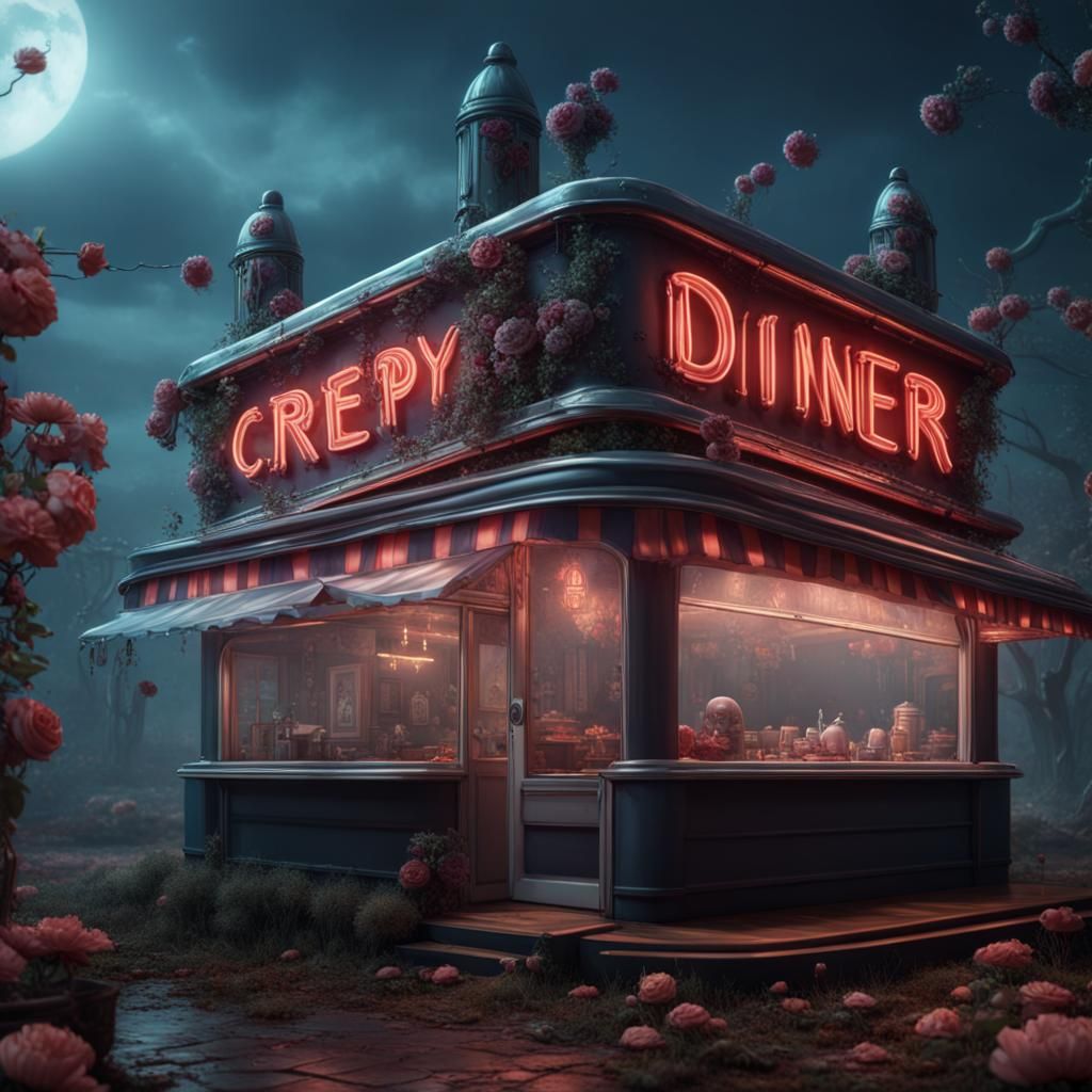 Creepy Diner with Secret Garden, Detailed Matte Painting