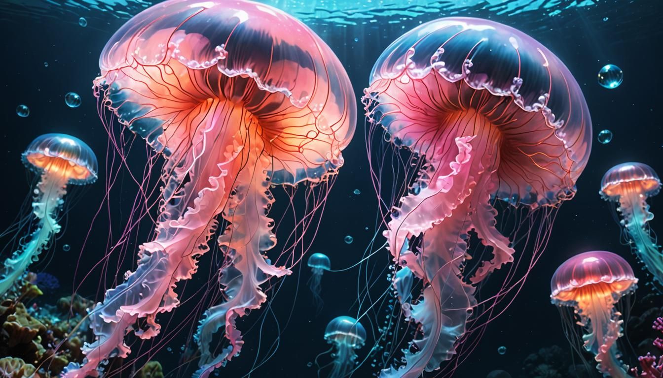 Bioluminescent Jellyfish Under the Sea: Digital Painting