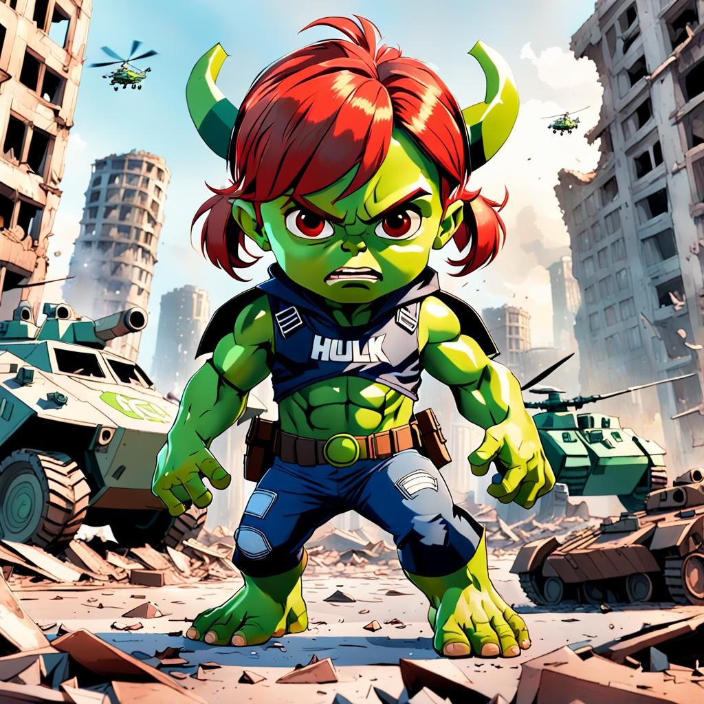 Hulk Toddler in Destroyed City, 3D Anime Art