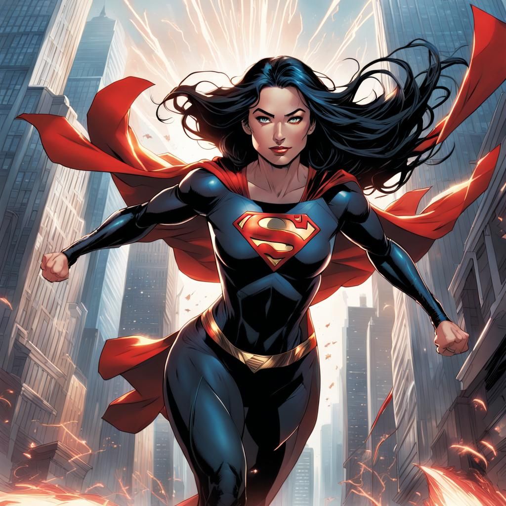 Supergirl in Black Suit Flying, Comic Book Art