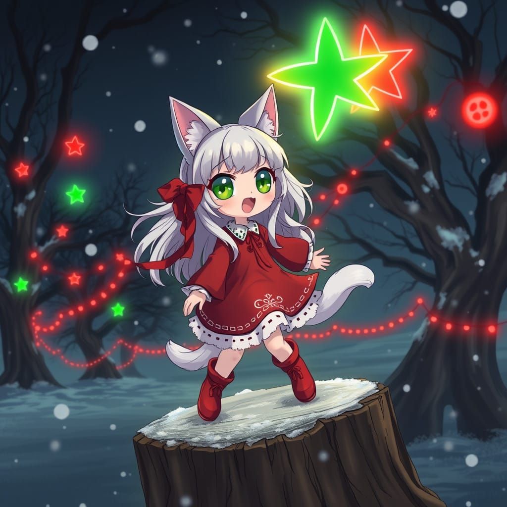Anime Christmas Catgirl Dances Under Enchanted Oak