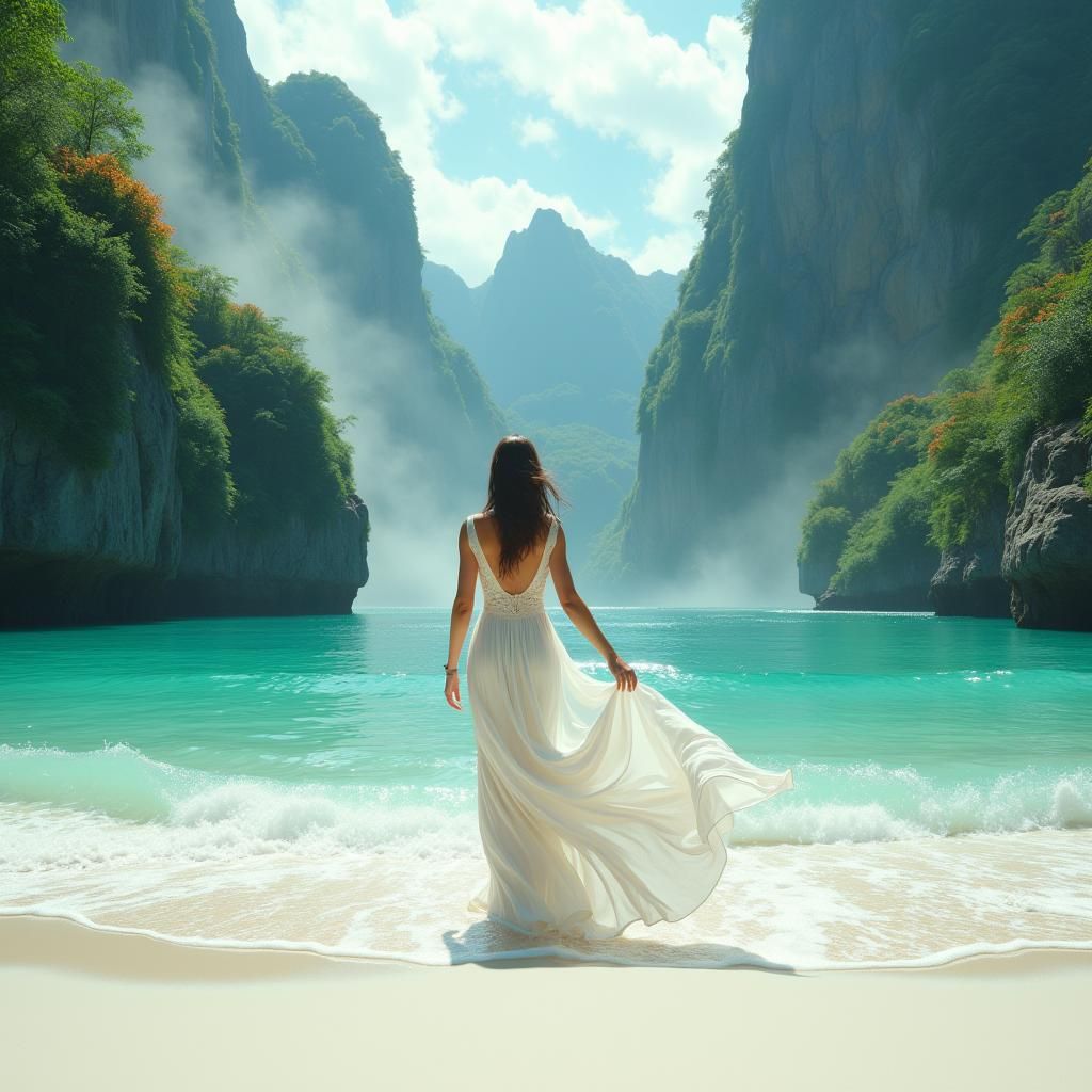Ethereal Woman on White Sand Beach in Matte Painting