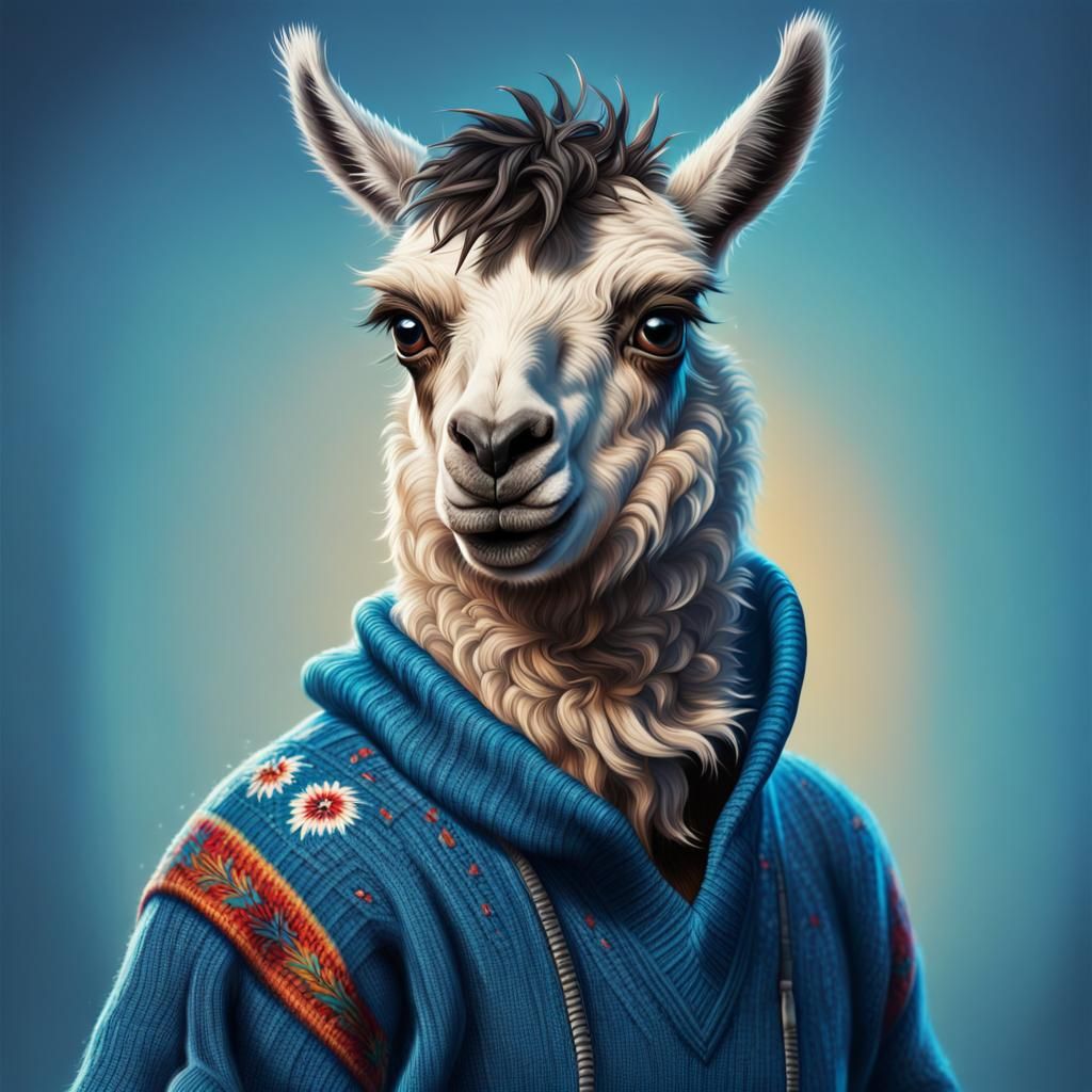 Ninja Llama in Peruvian Sweater: Hyperrealistic Splash Art