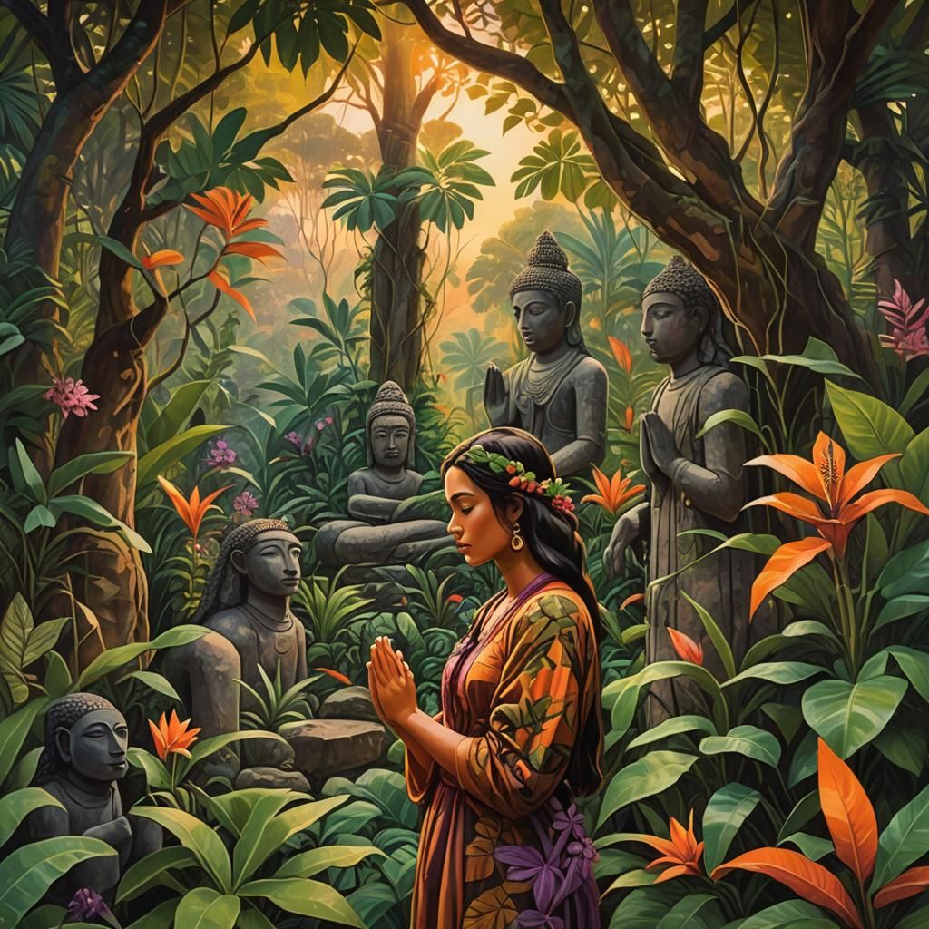 Girl Praying in Jungle, Naive Art Style