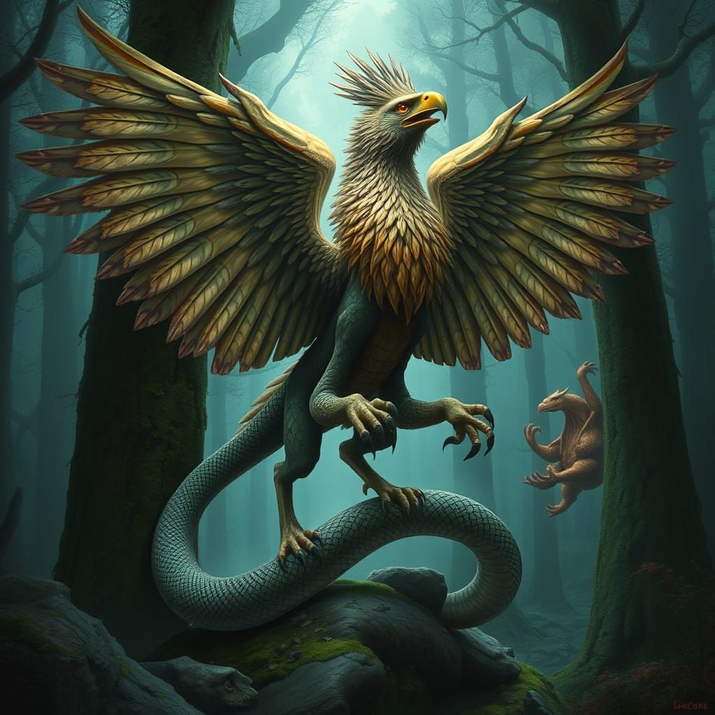 Mythical Cockatrice in Mystical Forest, Fantastical Realism