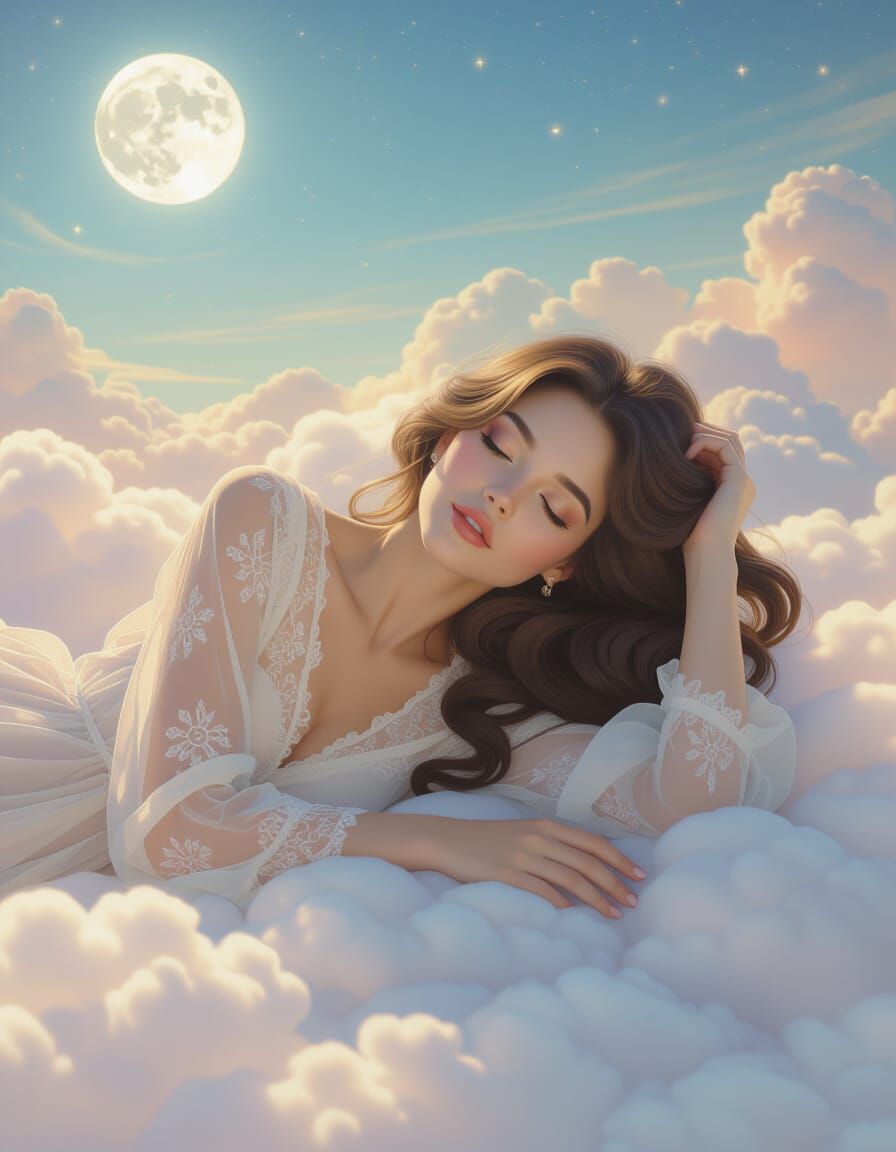 Dreamlike Woman on Cloud Bed in Pastel Hues