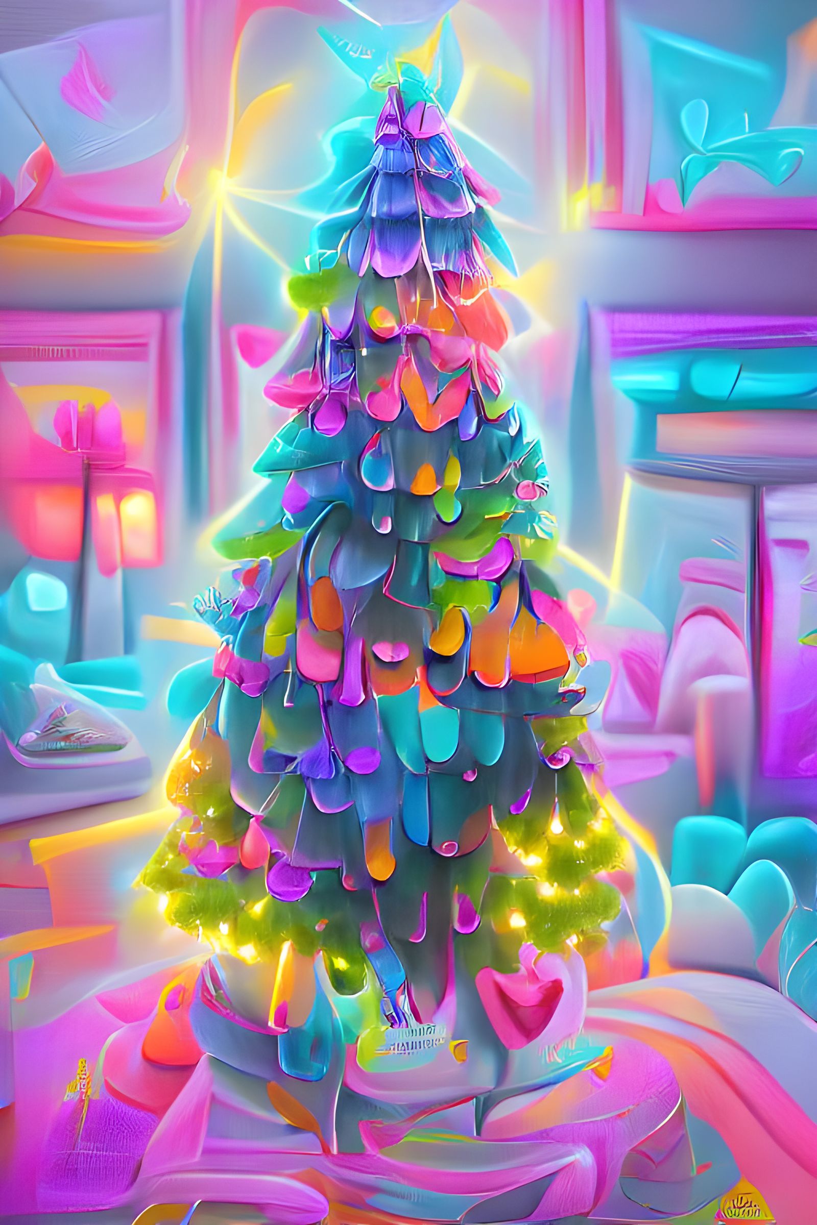 Glowing Neon Christmas Tree: Digital Fauvism Illustration