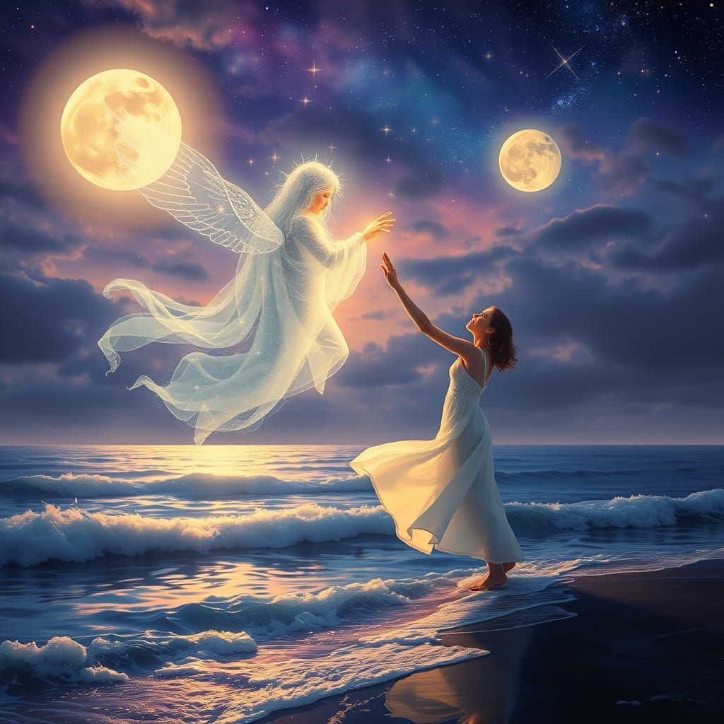 Celestial Being and Mortal Human Reach Across the Cosmos