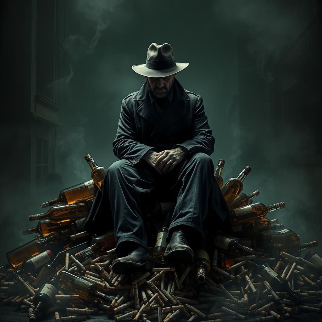 Gumshoe film noir hard boiled detective, dressed in a crumpl...