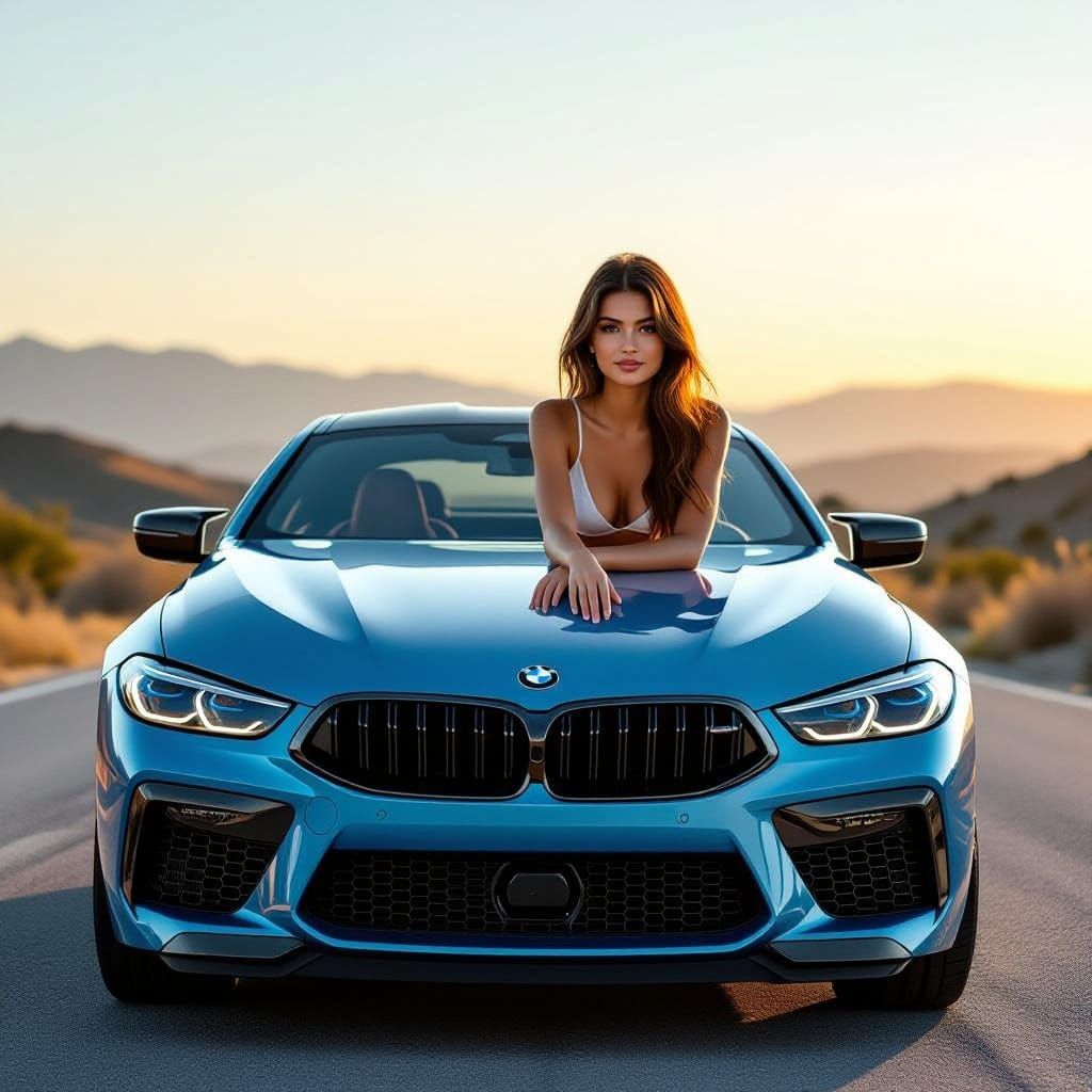 BMW M8 Sports Car with Model at Dawn Scenic Road