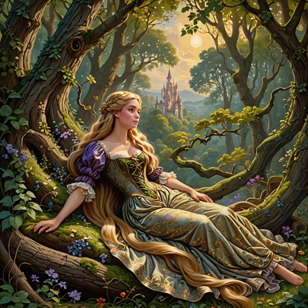 Rapunzel resting in woods