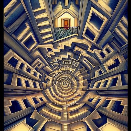 Escher-Inspired Optical Illusion in Hyperdetailed Surrealism