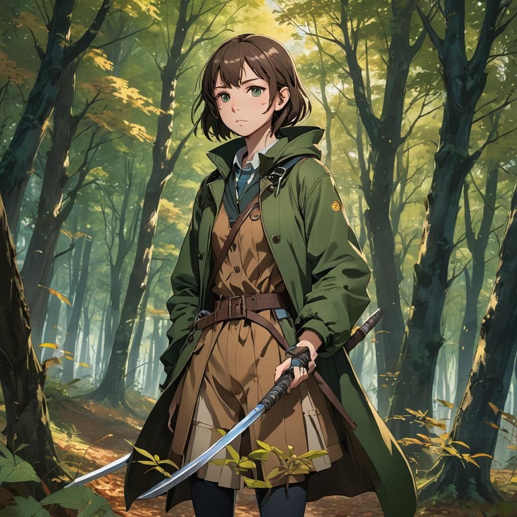 Anime Girl in Forest with Scythe, Ghibli-Inspired
