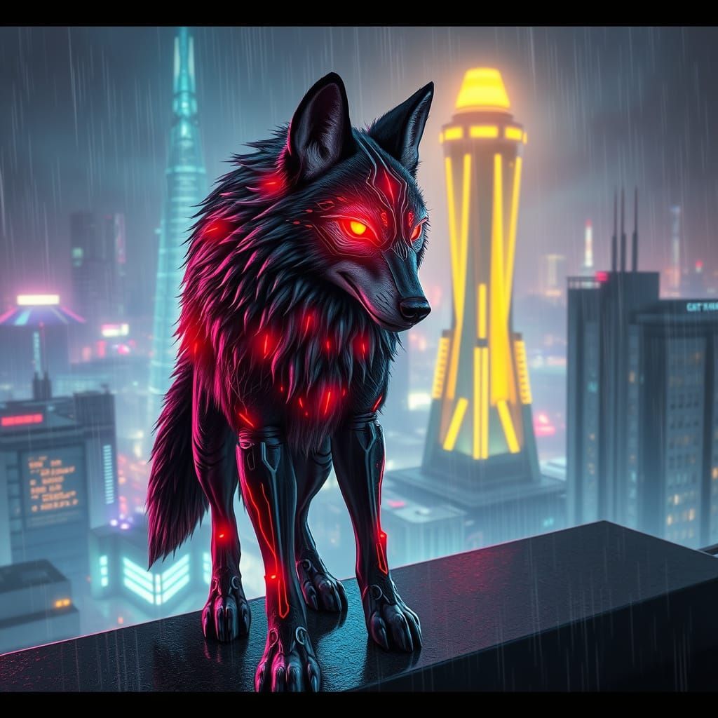 Cyberpunk Wolf Overlooking Futuristic City at Night