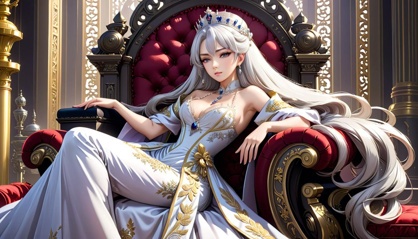 Platinum Haired Queen on Throne in Anime Style