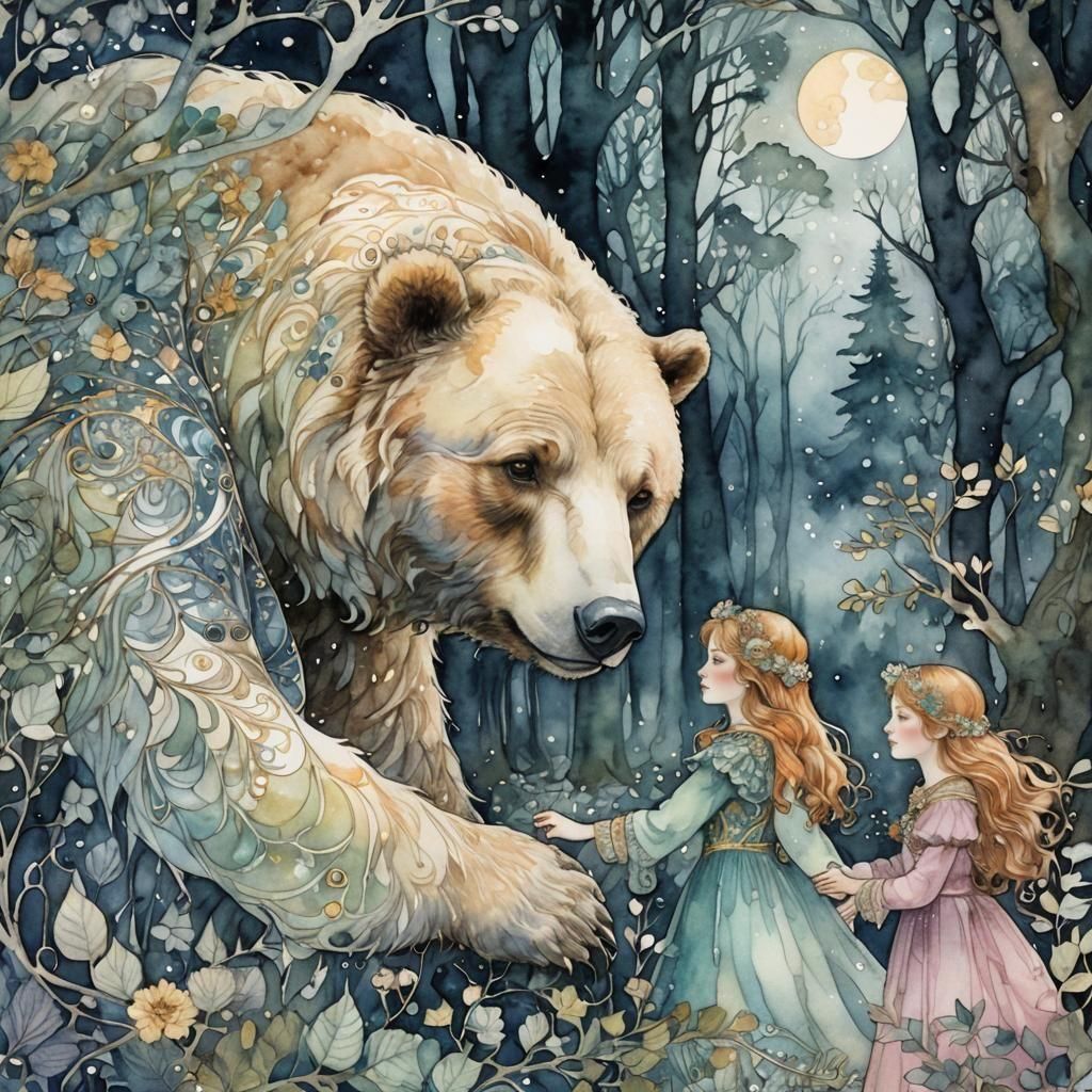 Girls Meet Bear: Art Nouveau Watercolor Illustration