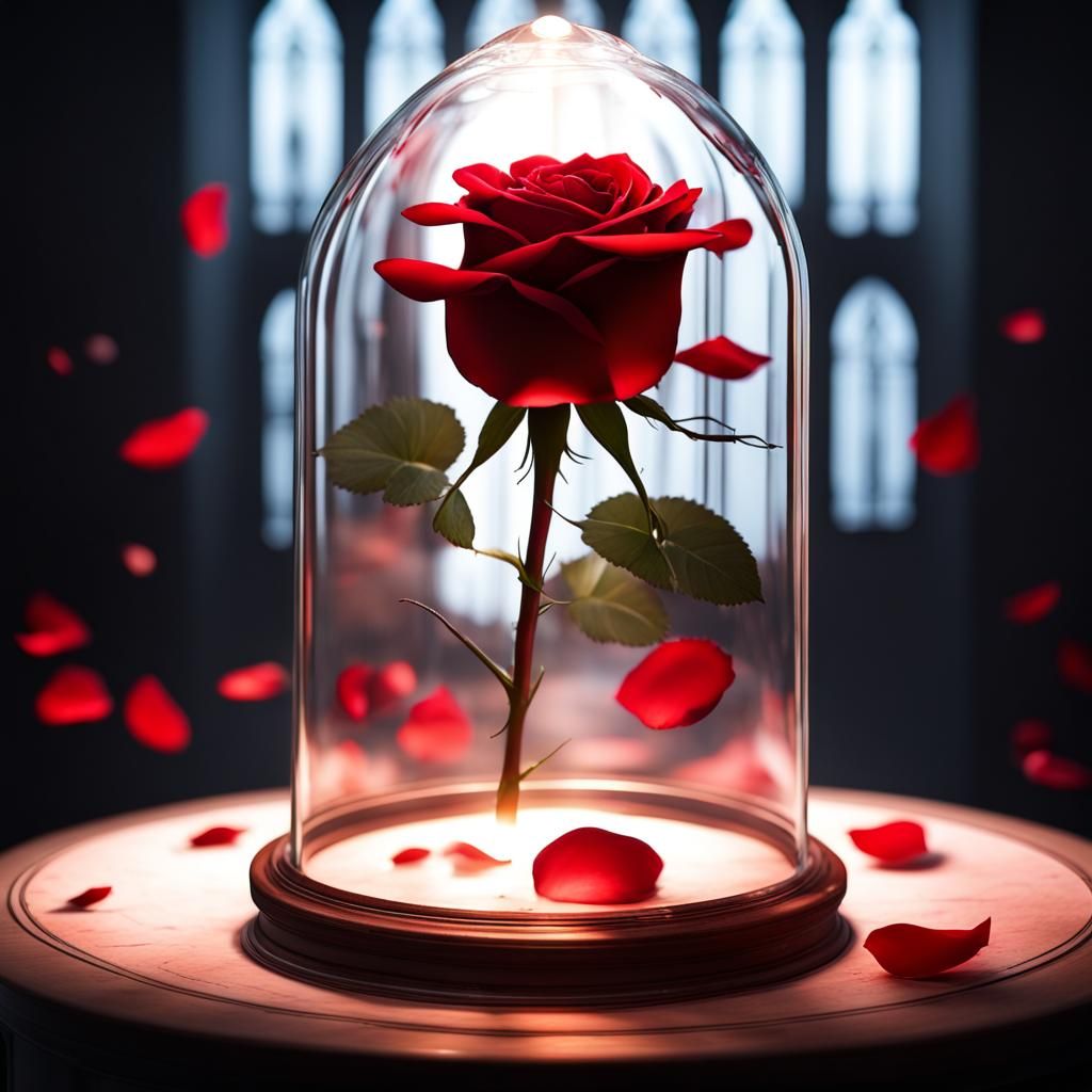 Glowing Red Rose in Glass Case