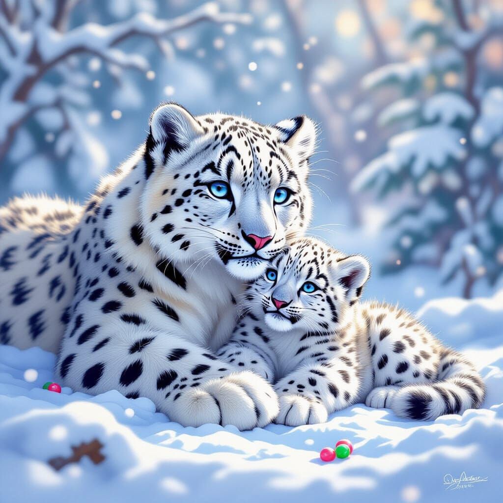 Whimsical Candy Art Snow Leopards Play With Mom