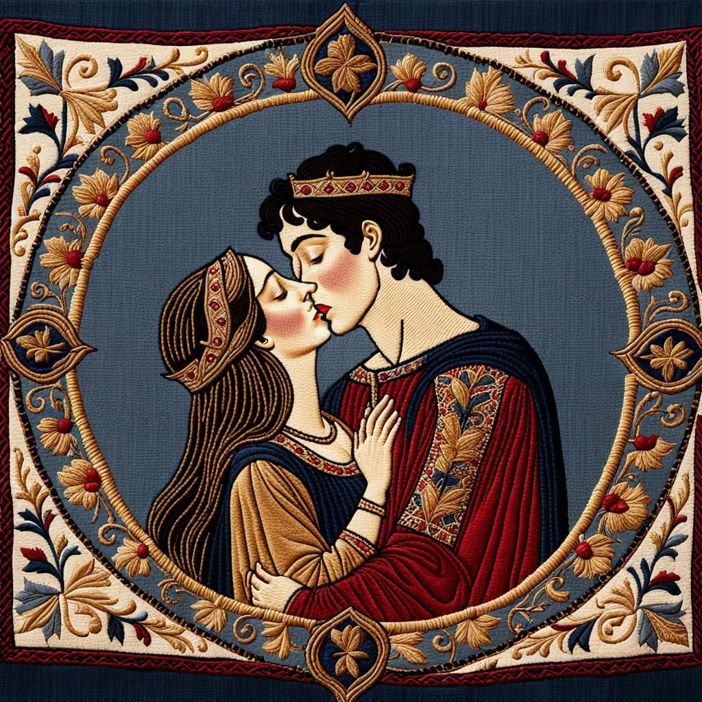 Medieval Kiss in Bayeux Tapestry Style