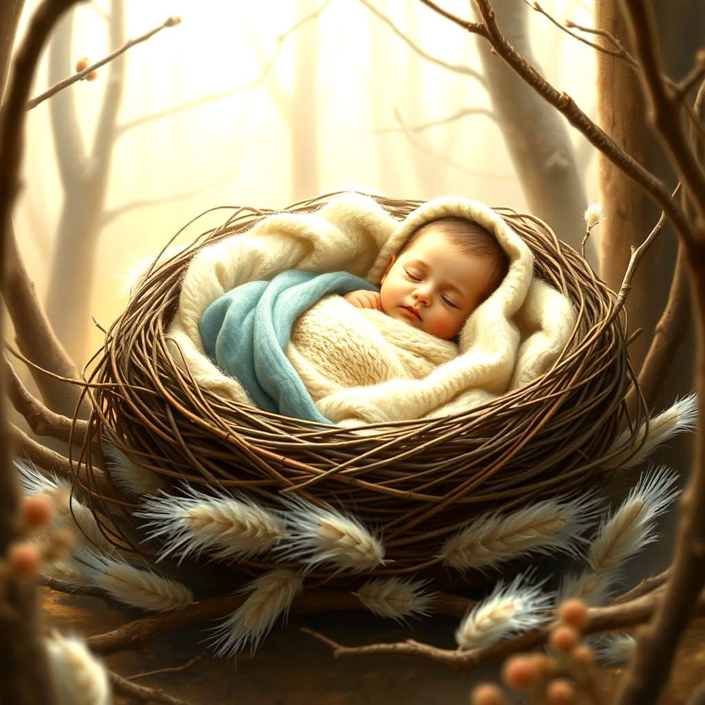 Innocent Baby Asleep in Bird's Nest