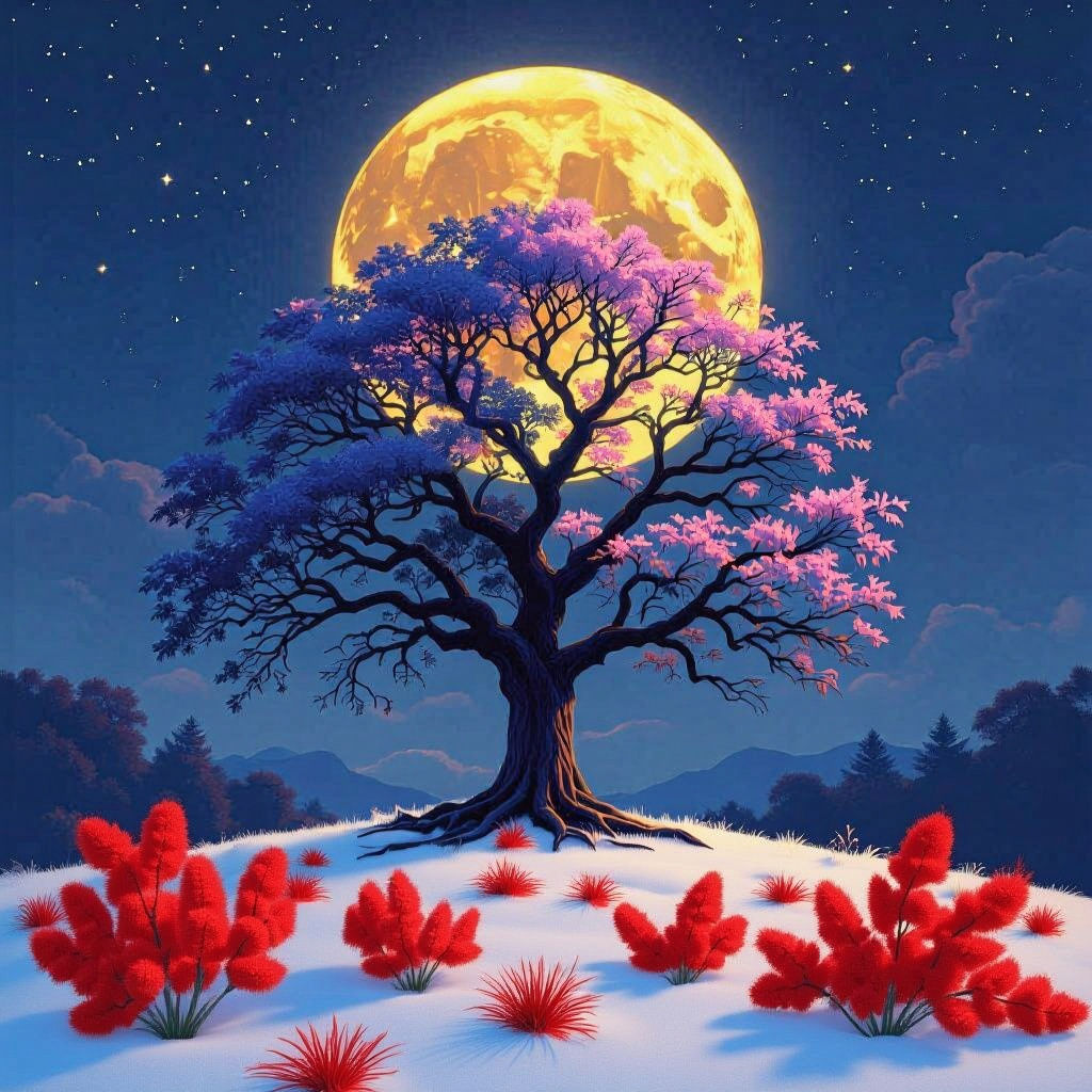 Four Seasons Tree Under Full Moon: Dark Fantasy Art