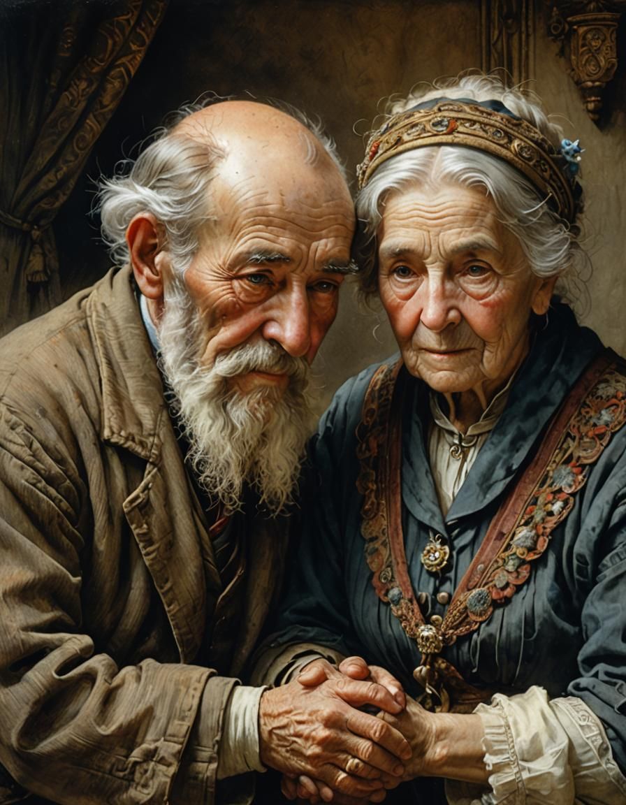 Devoted Elderly Couple Portrait in Watercolor Style