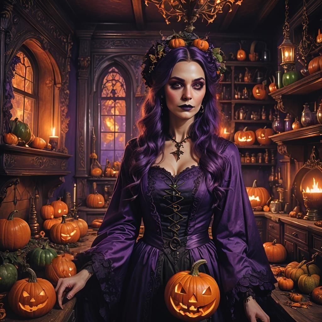Halloween Witch in Victorian Kitchen with Magic