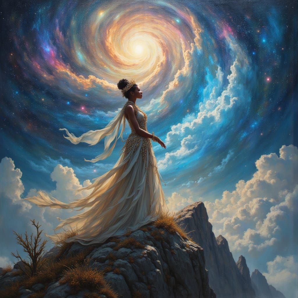 African Queen Gazes at Cosmic Nebulae in Hyperrealistic Styl...