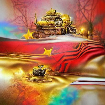 Steampunk Soviet Tank with Flag in Psychedelic Style