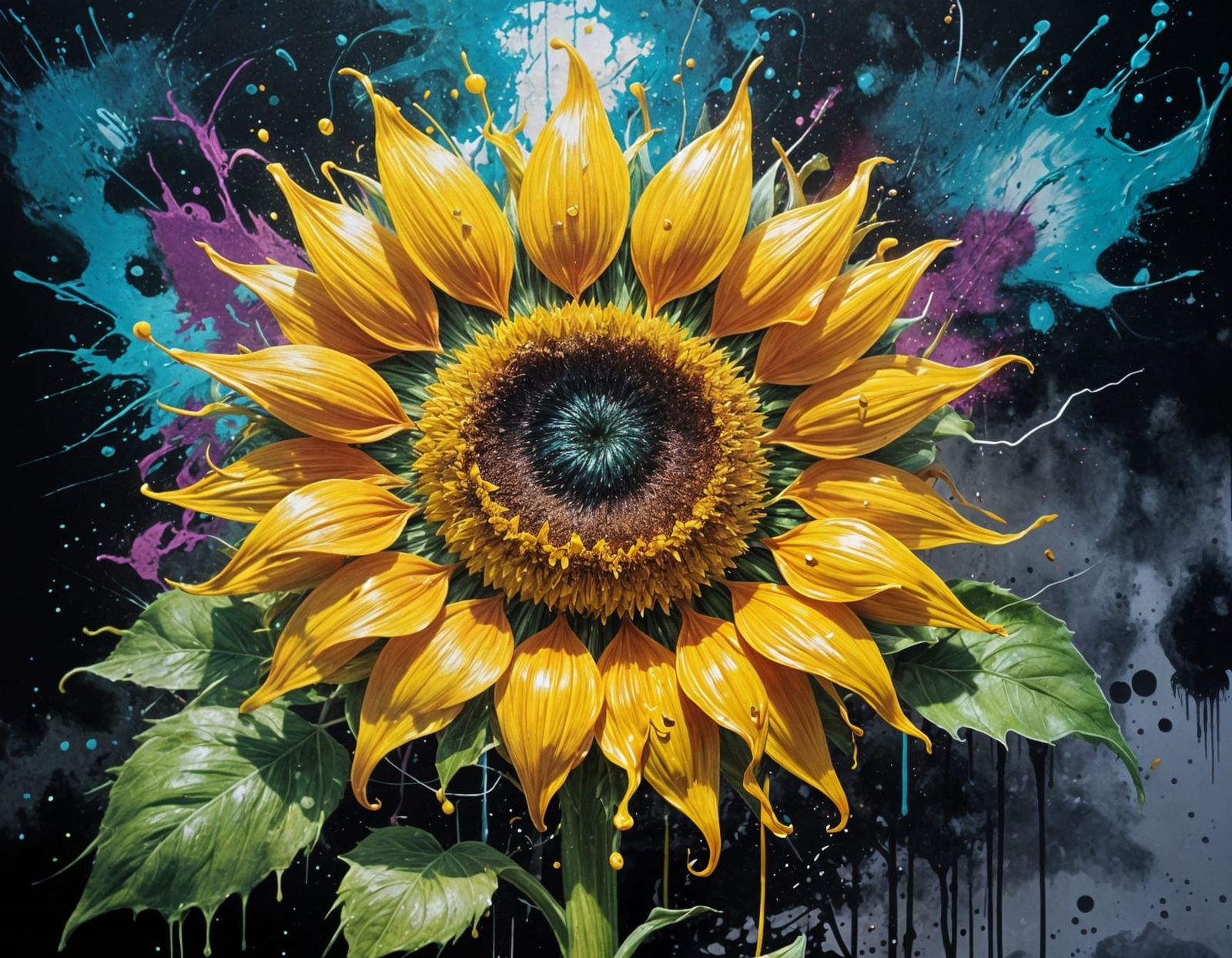 Sunflower With Electrical Storm Center, Graffiti Art Style