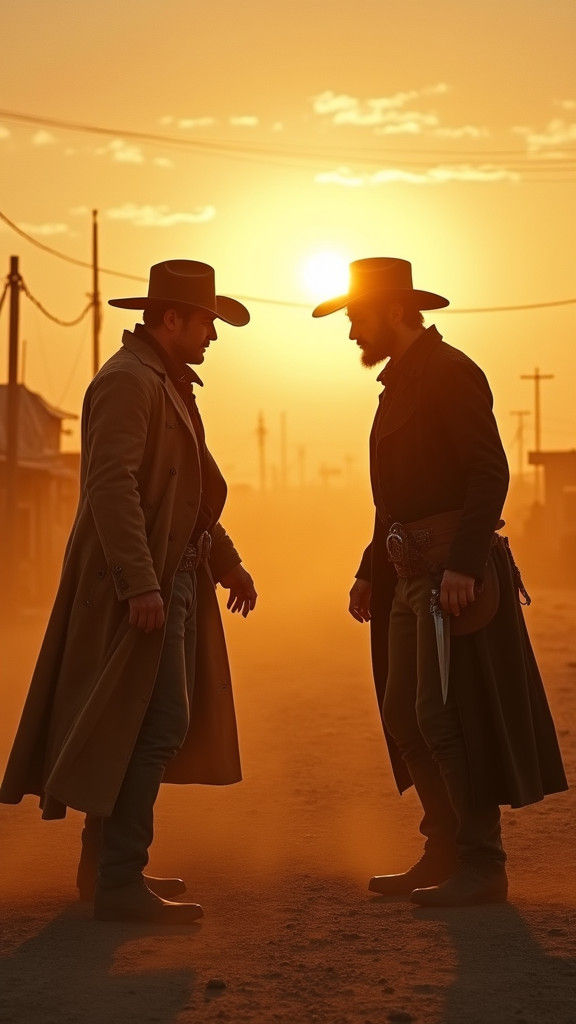 Dramatic Cowboy Duel in Sun-Scorched Western Town