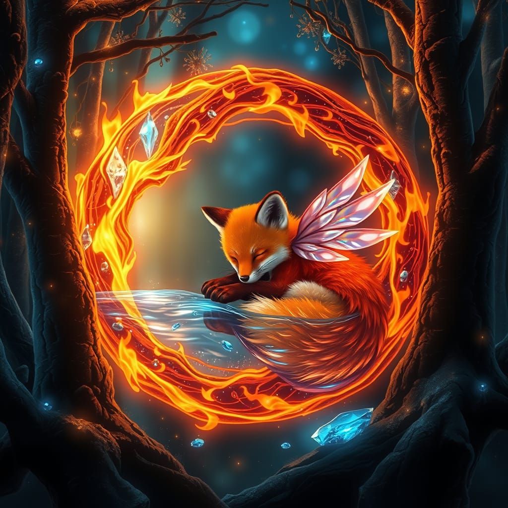 A fiery fox cub with tiny, iridescent wings, curled up aslee...