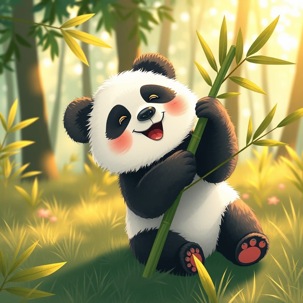Fluffy Baby Panda Plays in Sunlit Forest