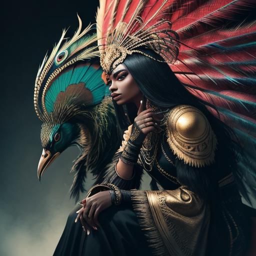 Gold Skinned Woman with Peacock Feather Hair
