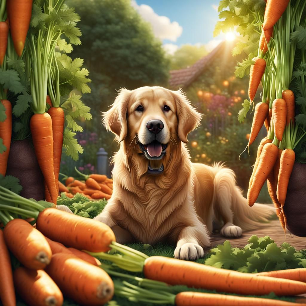 Golden Retriever in Carrot Garden: Fantasy Art