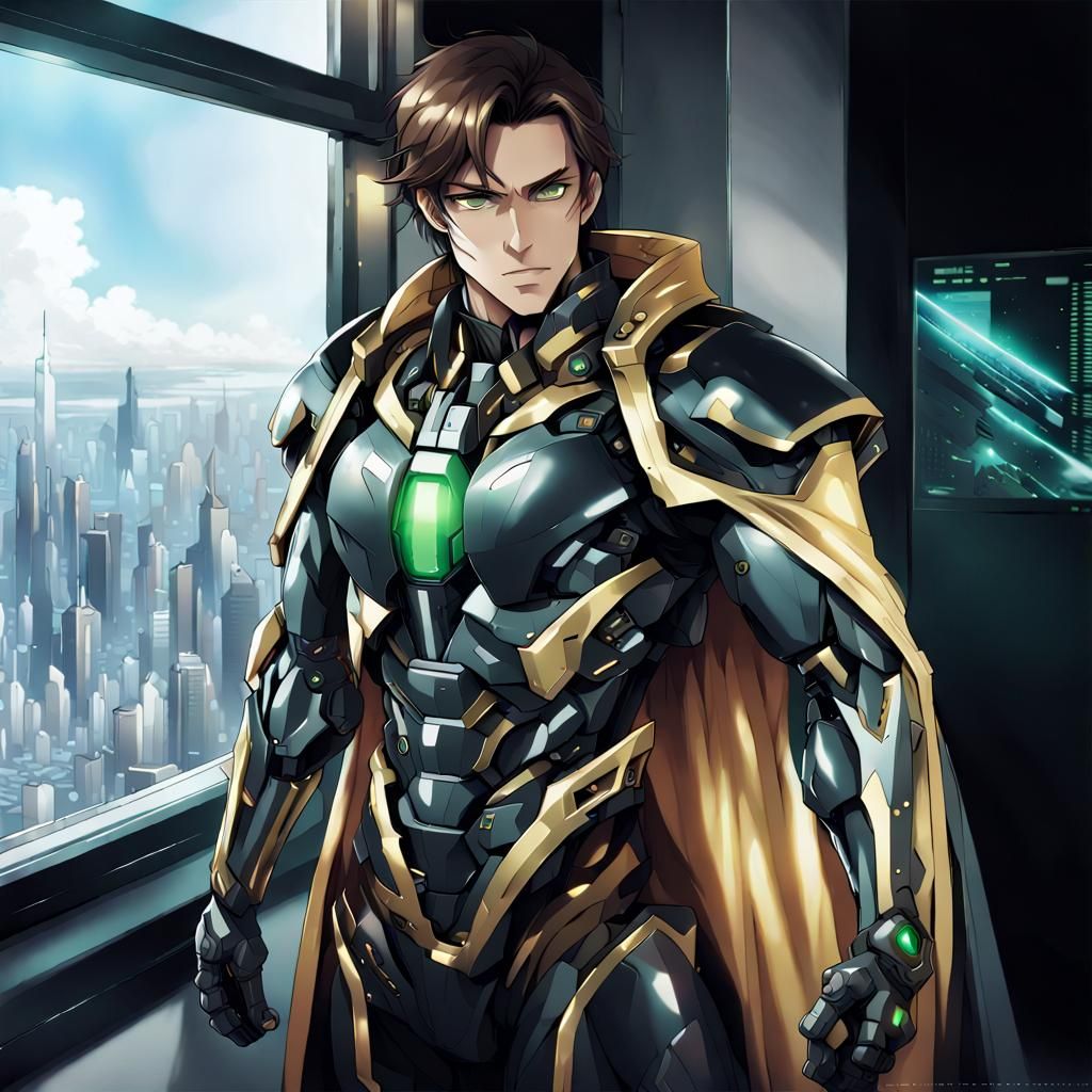 Cyborg Warrior Overlooking Futuristic City in Anime Style