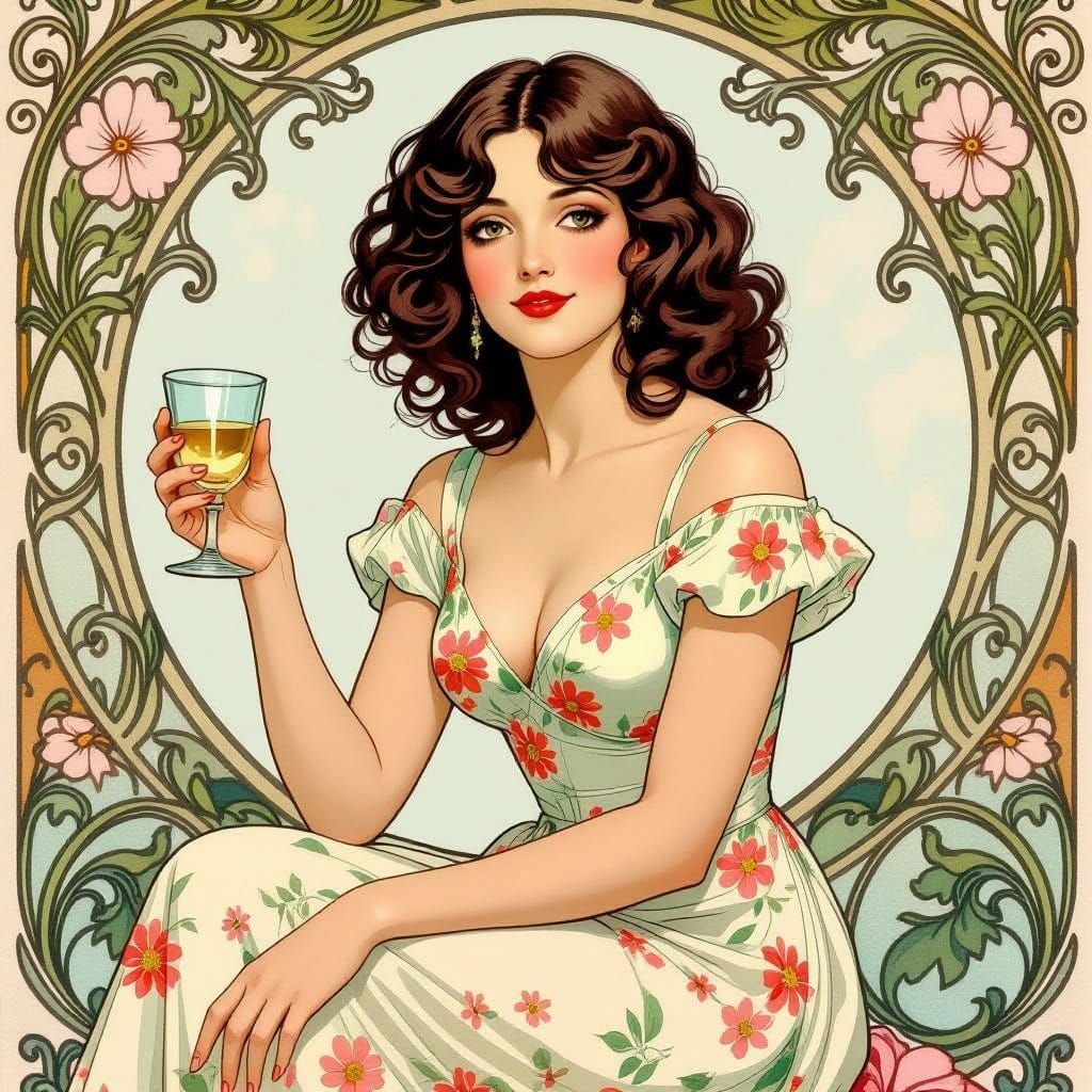 Brunette in Floral Dress, Art Nouveau Style