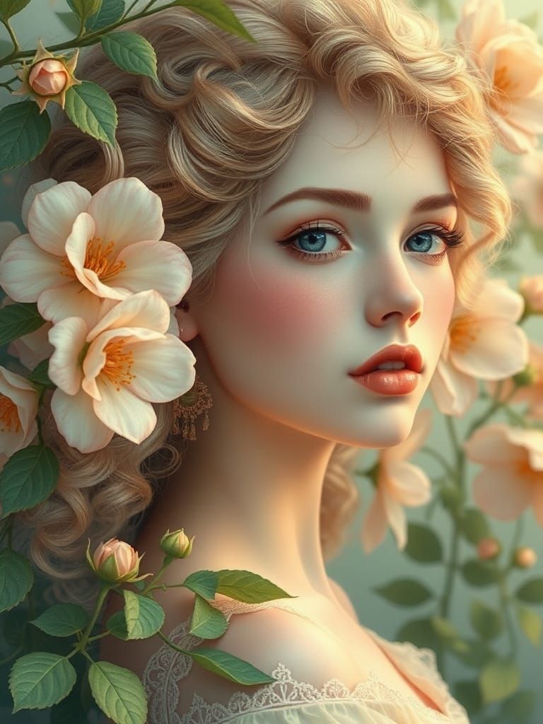 Ethereal Woman Portrait with Flowers