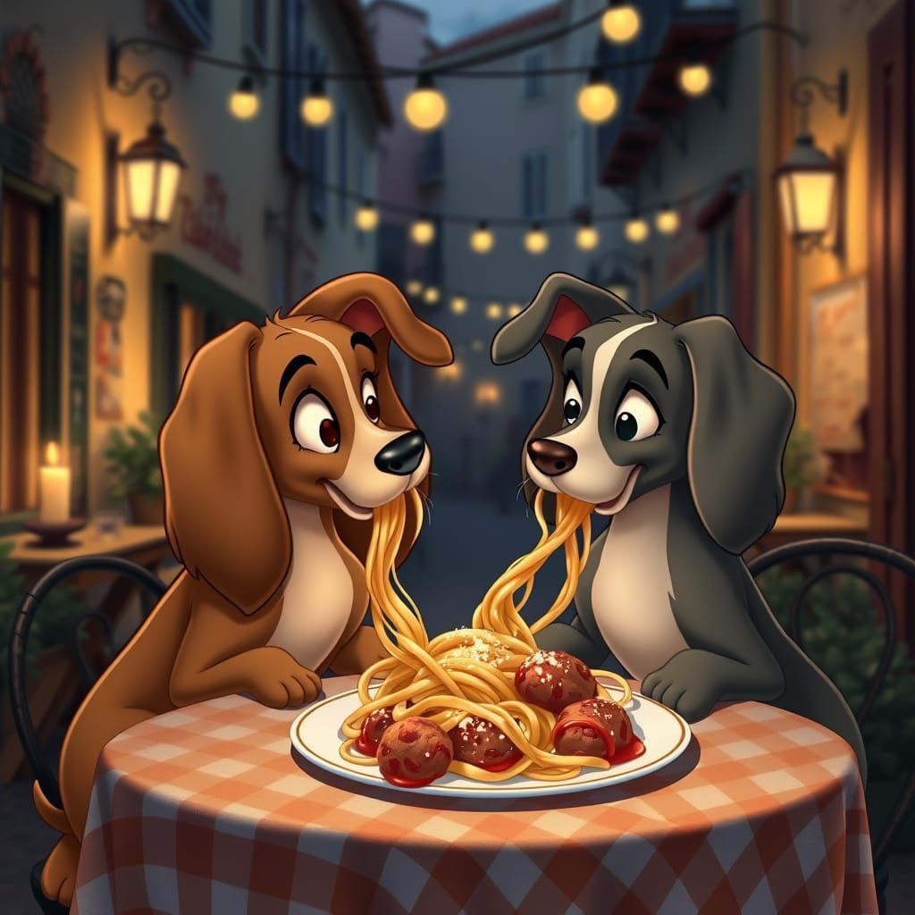 Romantic Italian Dinner Scene in Classic Disney Style