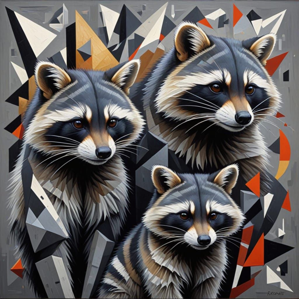 Raccoons in Abstract Cubist Style Painting